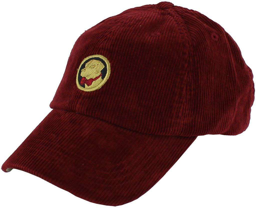 Corduroy Frat Hat in Burgundy with Yellow Lab by Southern Proper - Country Club Prep
