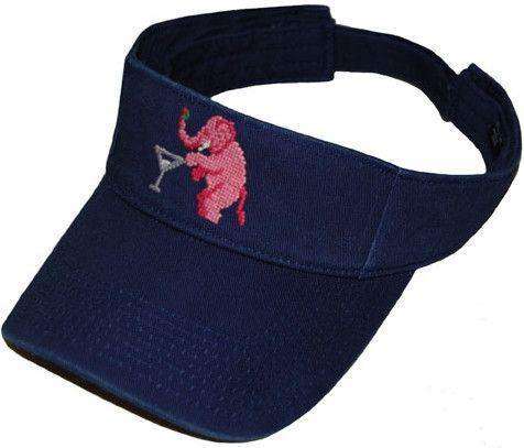 Elephant Martini Needlepoint Visor in Navy by Smathers & Branson - Country Club Prep
