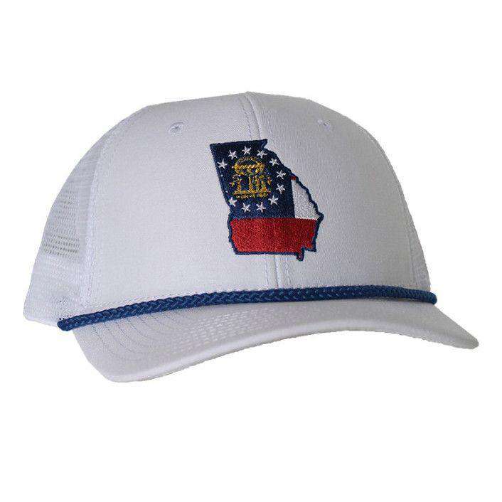 Georgia Flag Mesh Back Rope Hat in White by Peach State Pride - Country Club Prep