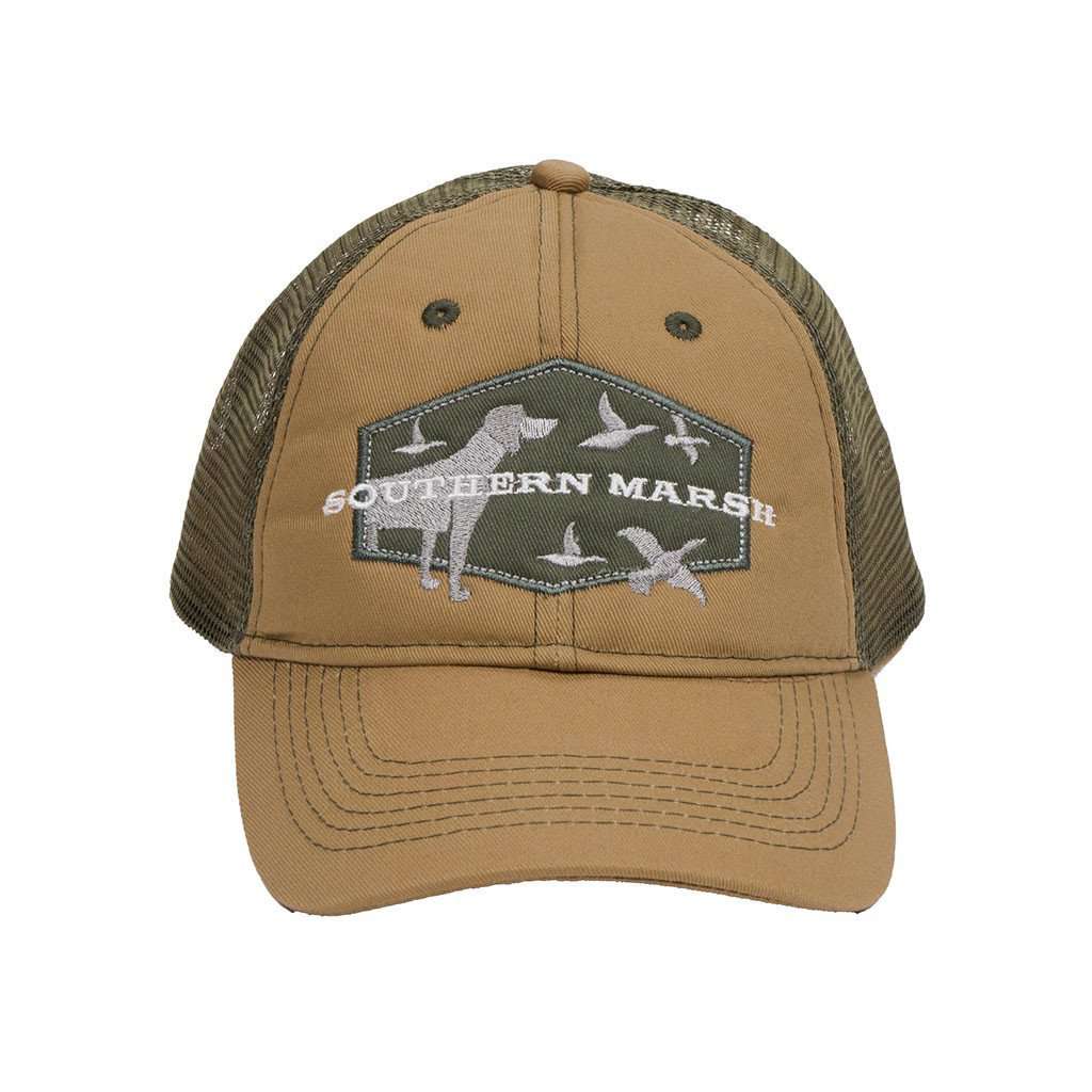 Hunting Dog Trucker Hat in Khaki by Southern Marsh - Country Club Prep
