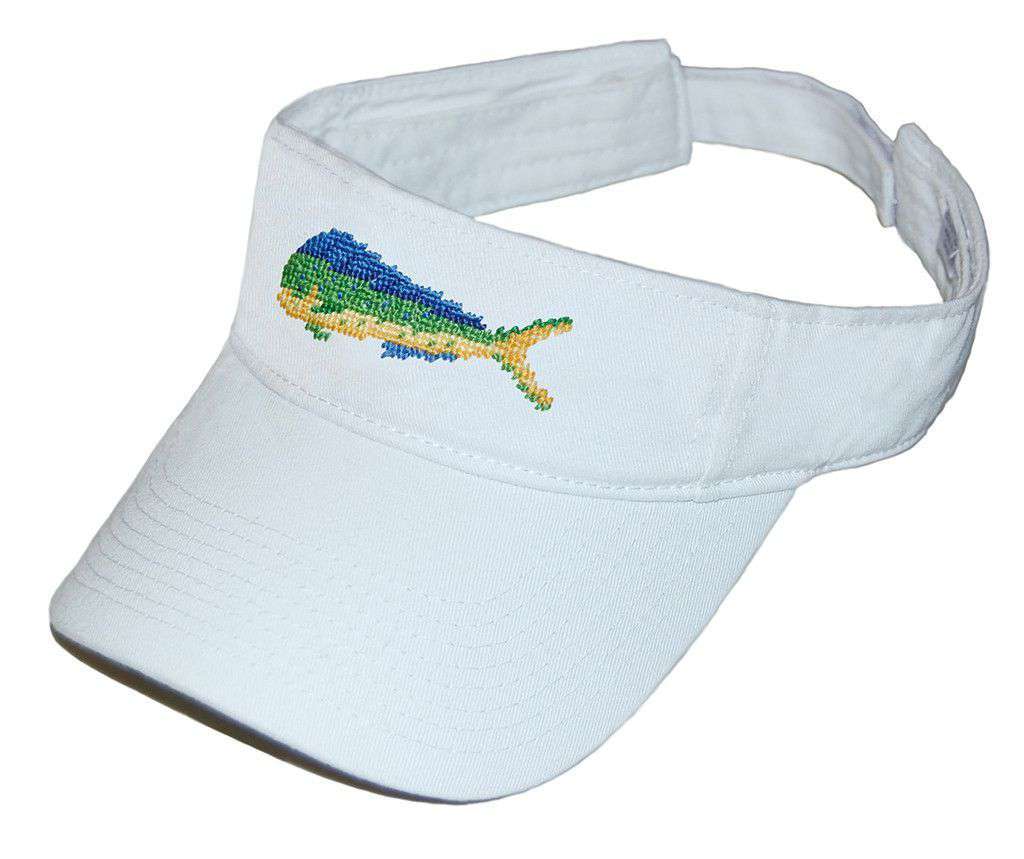 Mahi Mahi Needlepoint Visor in White by Smathers & Branson - Country Club Prep