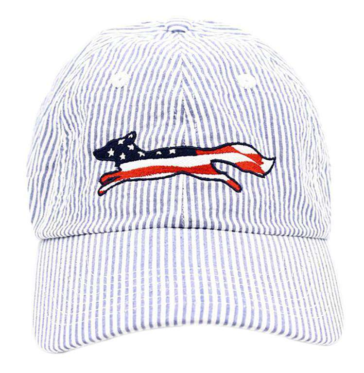 Patriotic Longshanks Logo Hat in Blue Seersucker by Country Club Prep - Country Club Prep