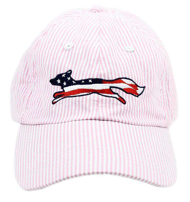 Patriotic Longshanks Logo Hat in Pink Seersucker by Country Club Prep - Country Club Prep