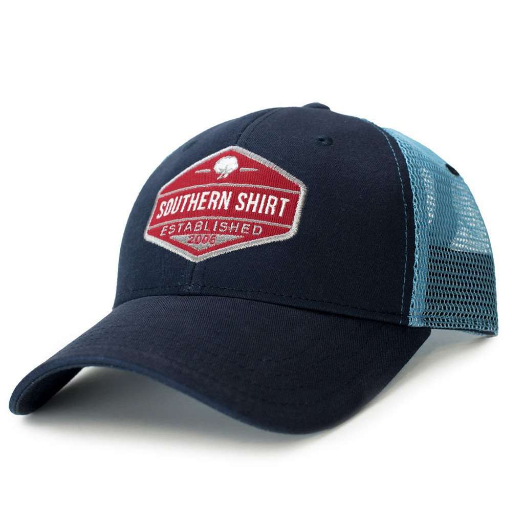 Trademark Badge Mesh Back Trucker Hat in Twilight and Carolina Blue by The Southern Shirt Co. - Country Club Prep