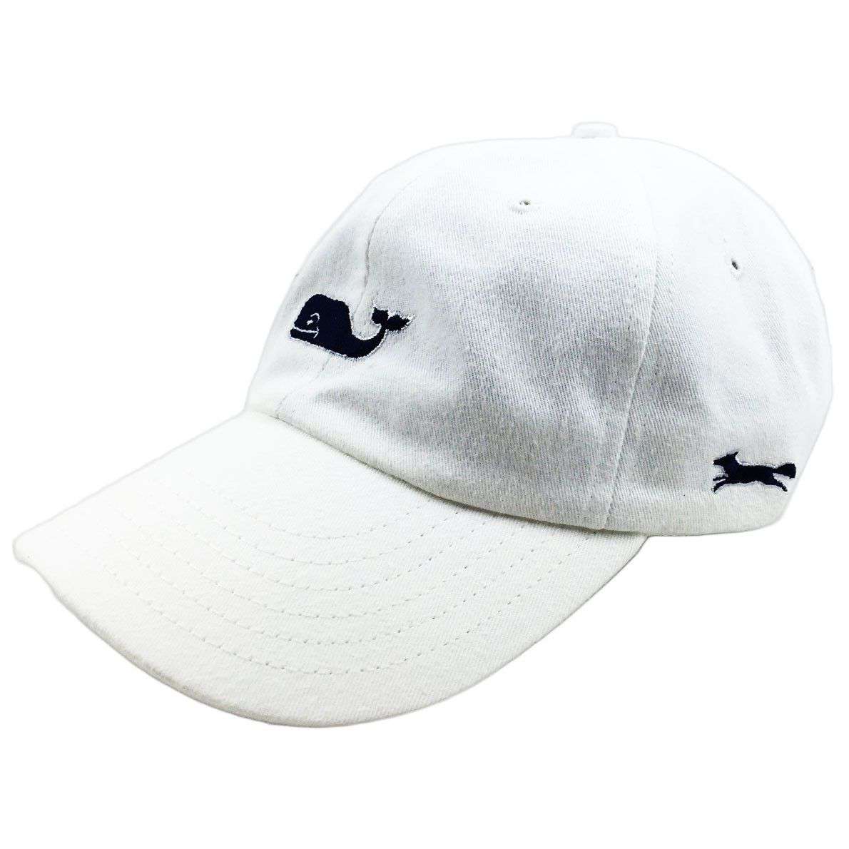 Whale Logo Baseball Hat in White w/ Navy Longshanks by Vineyard Vines - Country Club Prep