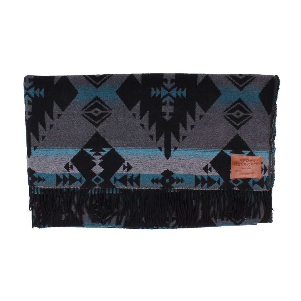 Icons Fringe Blanket in Grey/Blue by True Grit - Country Club Prep