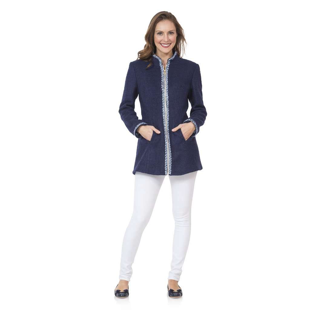 Hand-Embroidered Boucle Zip Coat in Navy by Sail to Sable - Country Club Prep