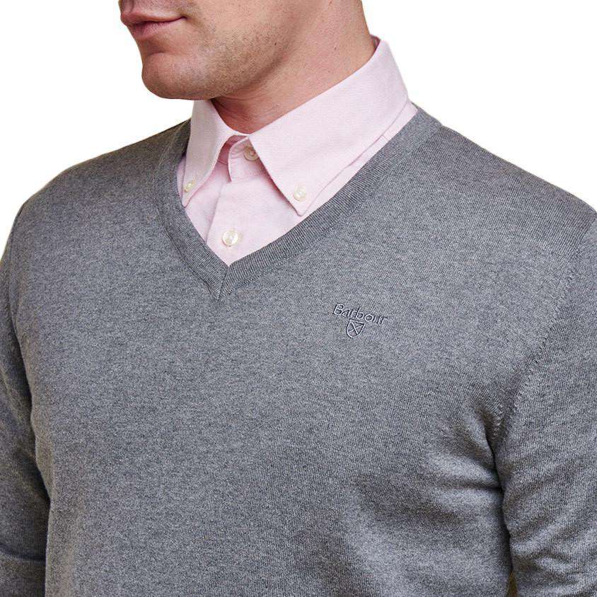 Lightweight V Neck Jumper in Grey Marl by Barbour - Country Club Prep