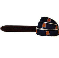 AL Auburn Leather Tab Belt in Navy Ribbon with White Canvas Backing by State Traditions - Country Club Prep