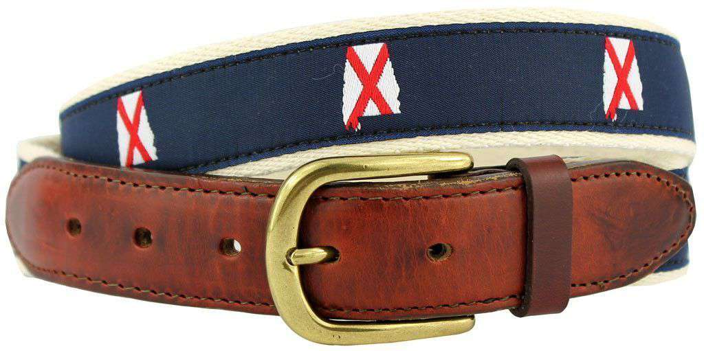 AL Traditional Leather Tab Belt in Navy Ribbon with White Canvas Backing by State Traditions - Country Club Prep