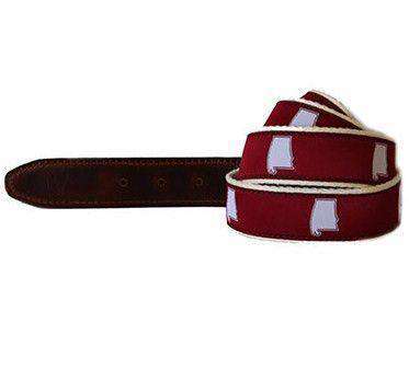 AL Tuscaloosa Gameday Leather Tab Belt in Crimson Ribbon w/ White Canvas Backing by State Traditions - Country Club Prep