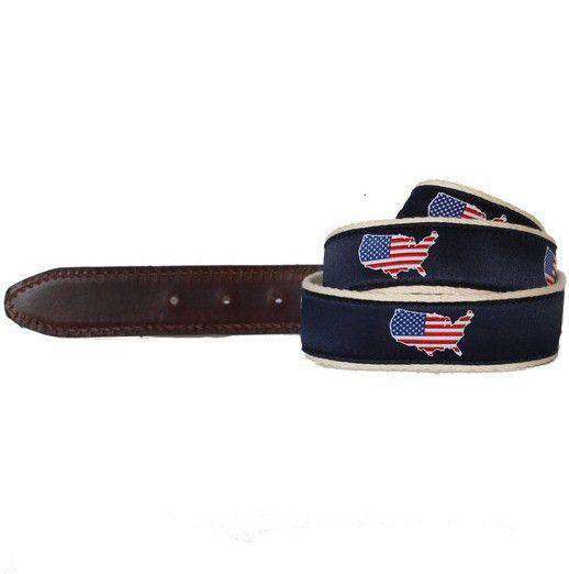 America Traditional Leather Tab Belt in Navy Ribbon with White Canvas Backing by State Traditions - Country Club Prep