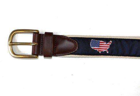 America Traditional Leather Tab Belt in Navy Ribbon with White Canvas Backing by State Traditions - Country Club Prep