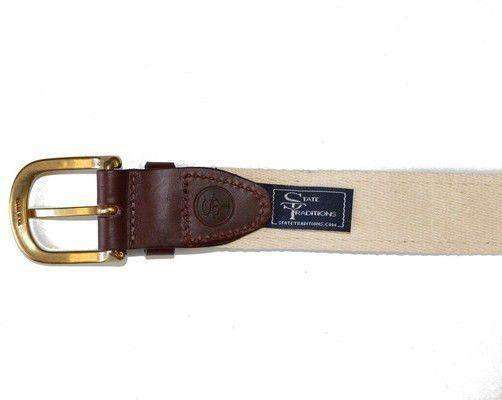 America Traditional Leather Tab Belt in Navy Ribbon with White Canvas Backing by State Traditions - Country Club Prep