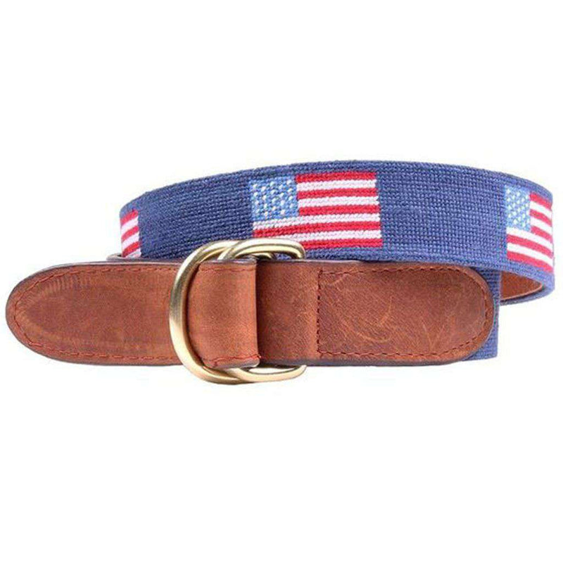 American Flag Needlepoint D-Ring Belt in Classic Navy by Smathers & Branson - Country Club Prep
