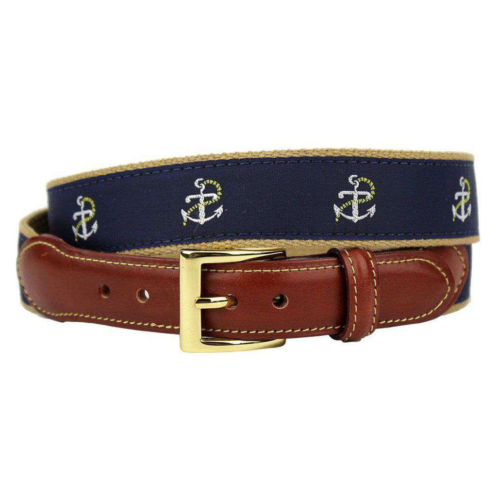 Anchor and Chain Leather Tab Belt in Navy on Khaki Canvas by Country Club Prep - Country Club Prep