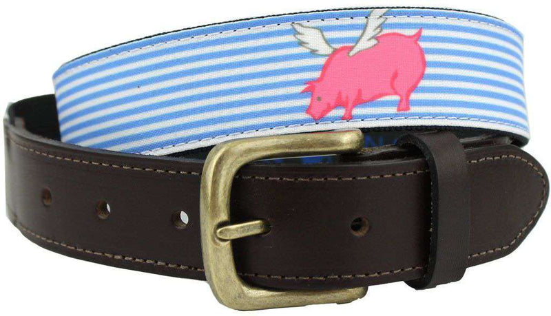 Bosun Belt in Blue Seersucker with Flying Pig by Castaway Clothing - Country Club Prep