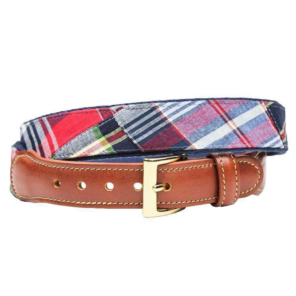 Cape Cod Madras Leather Tab Belt on Navy Canvas by Country Club Prep - Country Club Prep