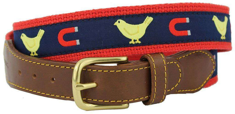 Chick Magnet Leather Tab Belt in Navy Ribbon with Red Canvas Backing by Knot Belt Co. - Country Club Prep