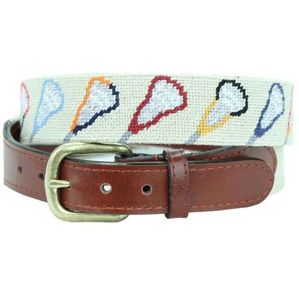 College Lacrosse Needlepoint Belt in Light Khaki by Smathers & Branson - Country Club Prep