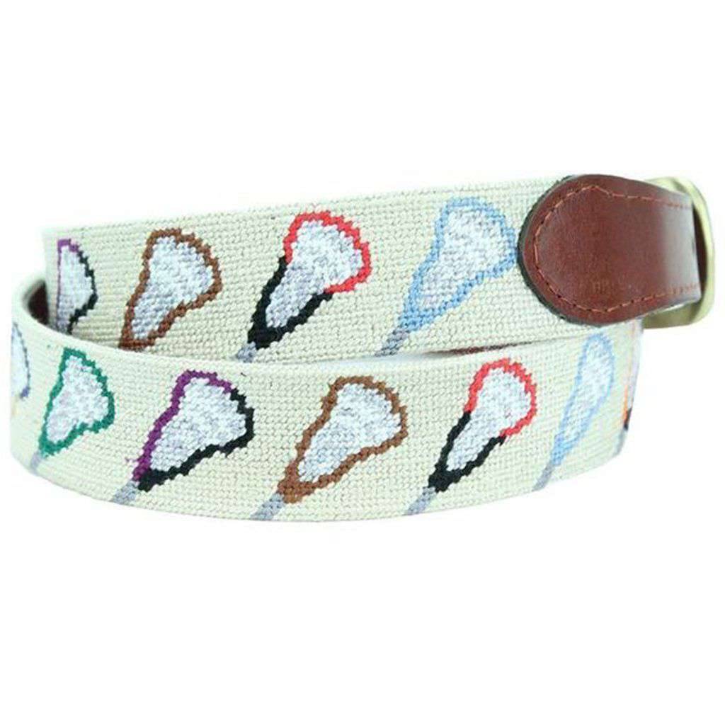 College Lacrosse Needlepoint Belt in Light Khaki by Smathers & Branson - Country Club Prep