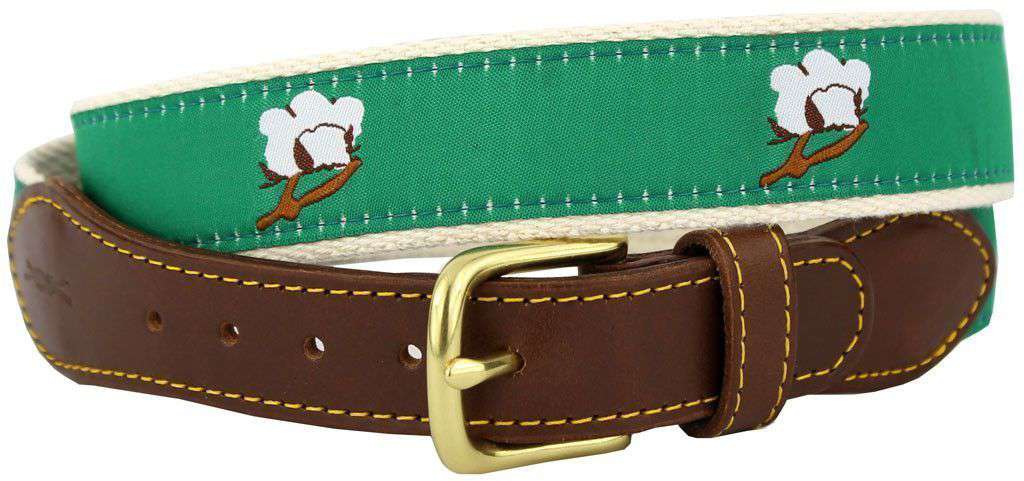 Cotton Boll Leather Tab Belt in Green Ribbon with White Canvas Backing by Knot Belt Co. - Country Club Prep