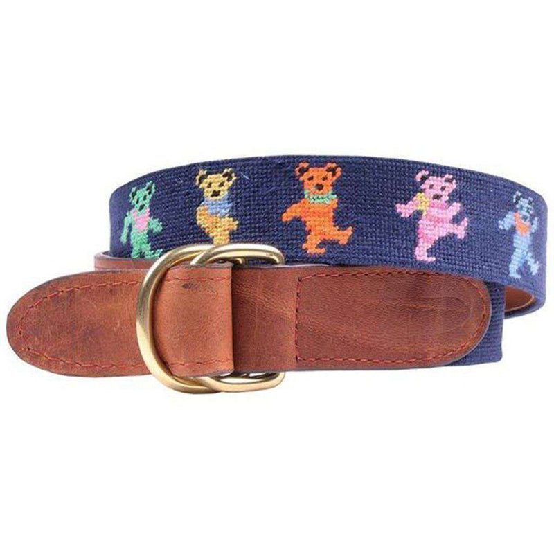 Dancing Bears Needlepoint D-Ring Belt in Dark Navy by Smathers & Branson - Country Club Prep