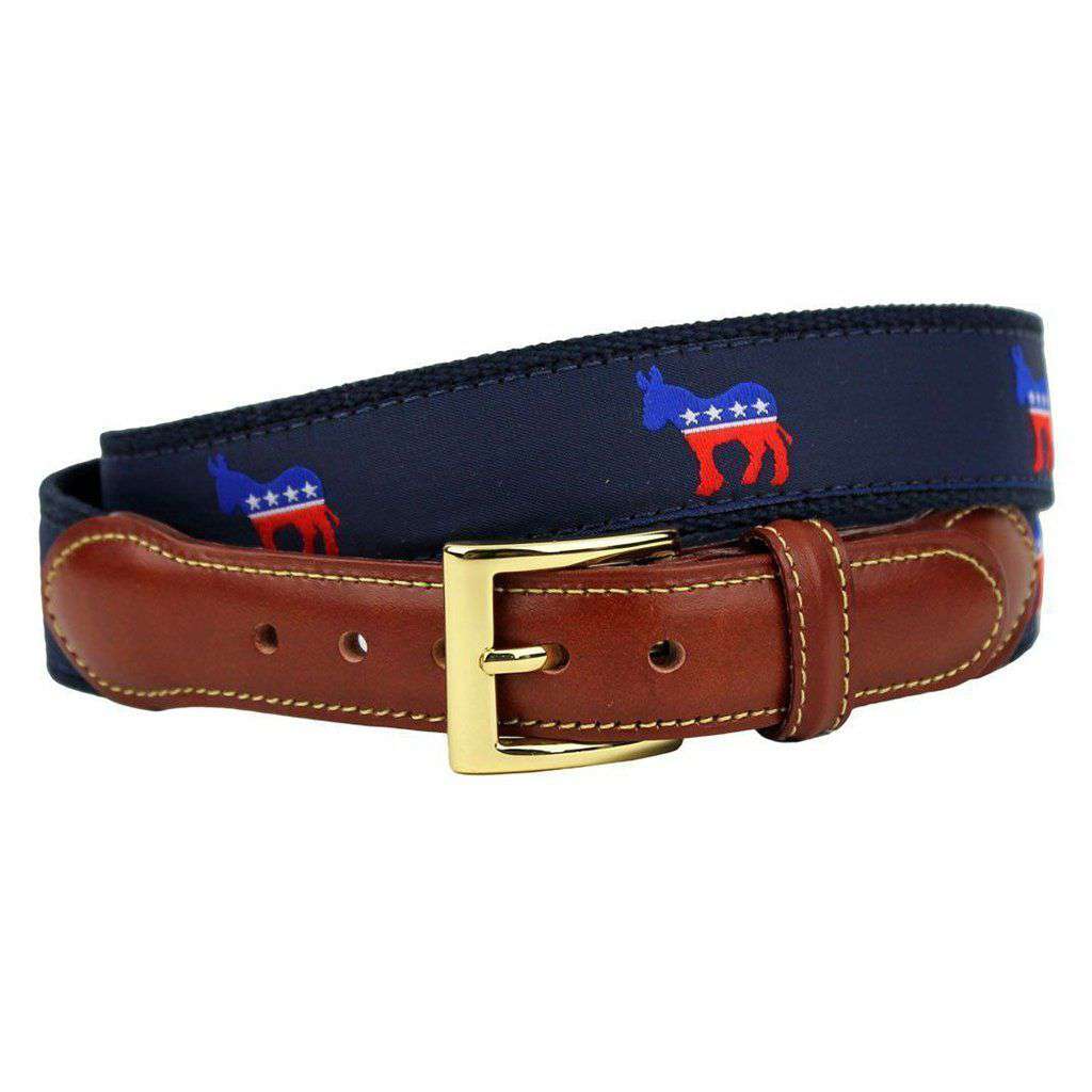 Democratic Donkey Leather Tab Belt in Navy on Navy Canvas by Country Club Prep - Country Club Prep