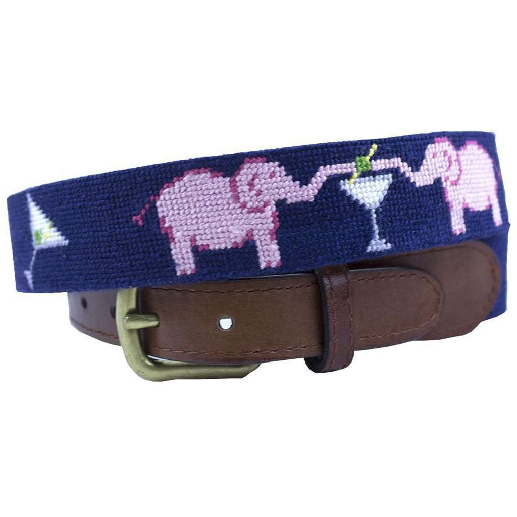 Elephant Martini Needlepoint Belt in Navy by Smathers & Branson - Country Club Prep