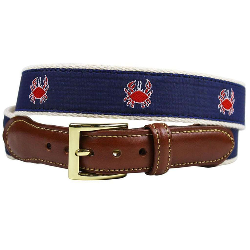 Feeling Crabby Leather Tab Belt in Navy on White Canvas by Country Club Prep - Country Club Prep
