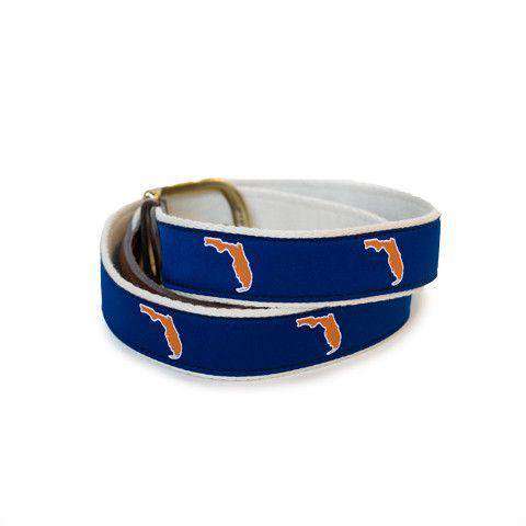 FL Gainesville Gameday Leather Tab Belt in Blue Ribbon with White Canvas Backing by State Traditions - Country Club Prep