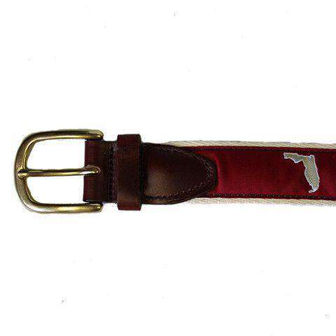 FL Tallahassee Leather Tab Belt in Garnet Ribbon with White Canvas Backing by State Traditions - Country Club Prep