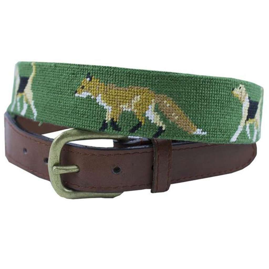 Fox and Hound Needlepoint Belt in Forest Green by Smathers & Branson - Country Club Prep