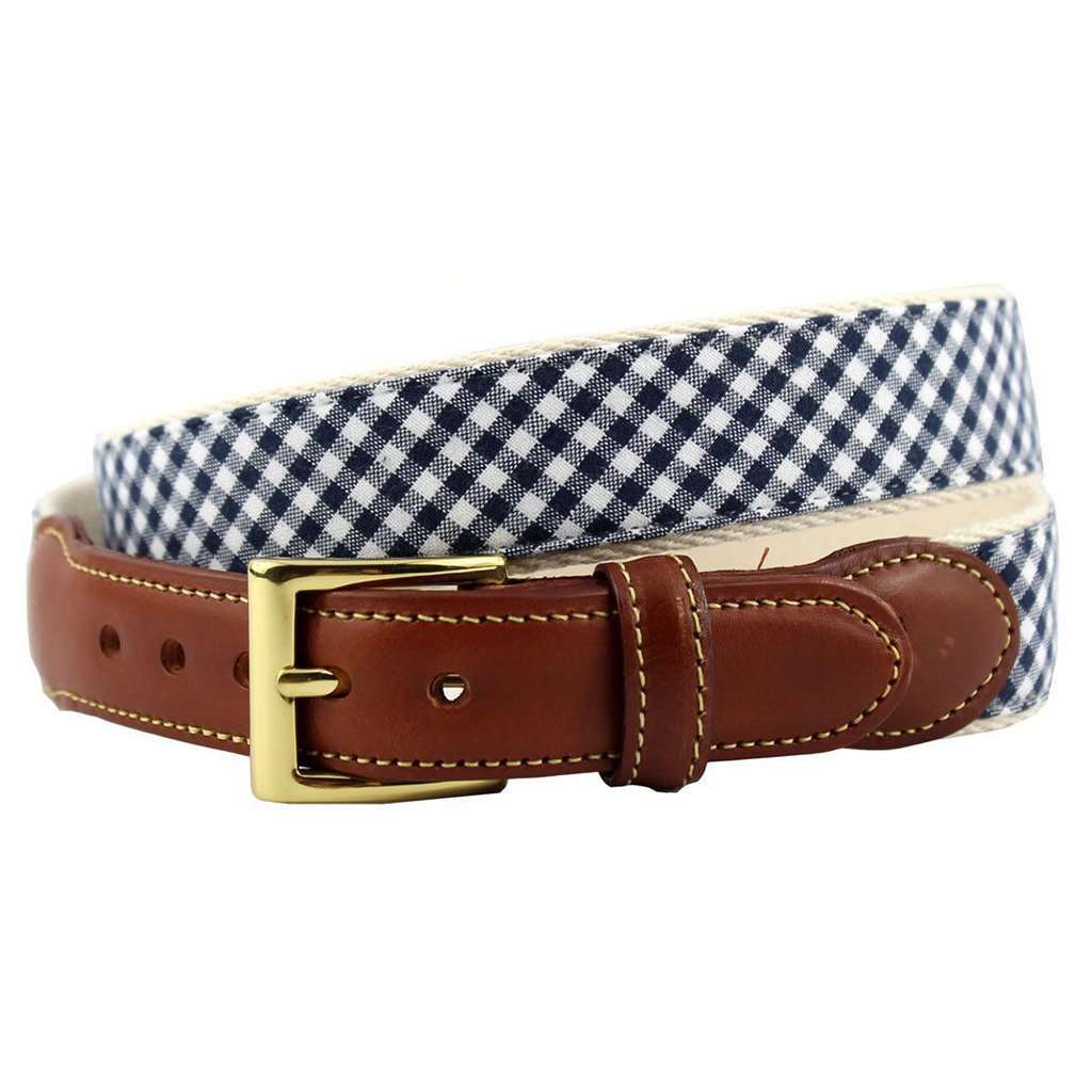 Gingham Leather Tab Belt in Navy on Natural Canvas by Country Club Prep - Country Club Prep