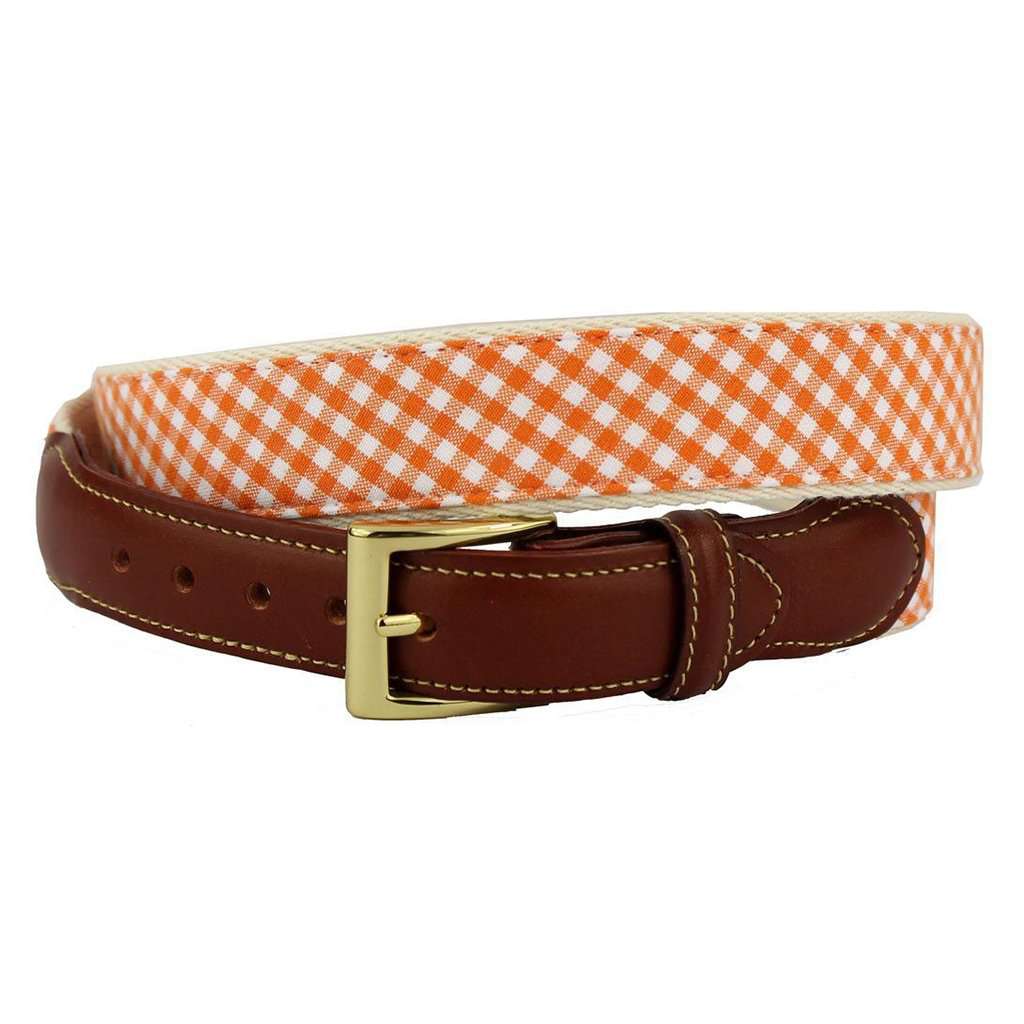 Gingham Leather Tab Belt in Orange by Country Club Prep - Country Club Prep
