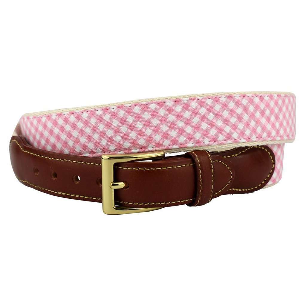 Gingham Leather Tab Belt in Pink by Country Club Prep - Country Club Prep
