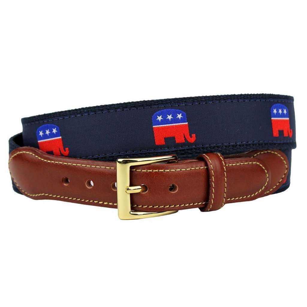 GOP Elephant Leather Tab Belt in Navy on Navy Canvas by Country Club Prep - Country Club Prep