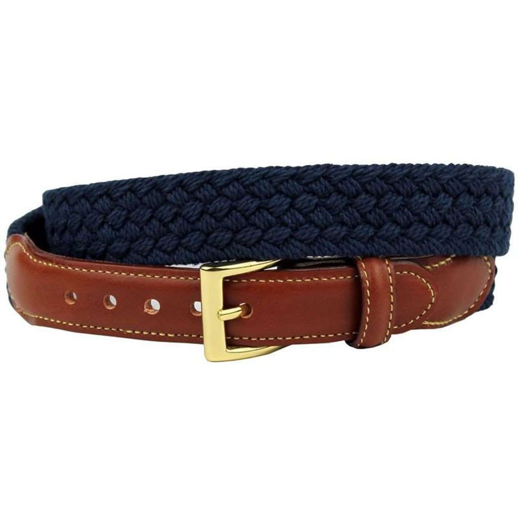 Hall & Oates Woven Cotton Leather Tab Belt in Navy by Country Club Prep - Country Club Prep
