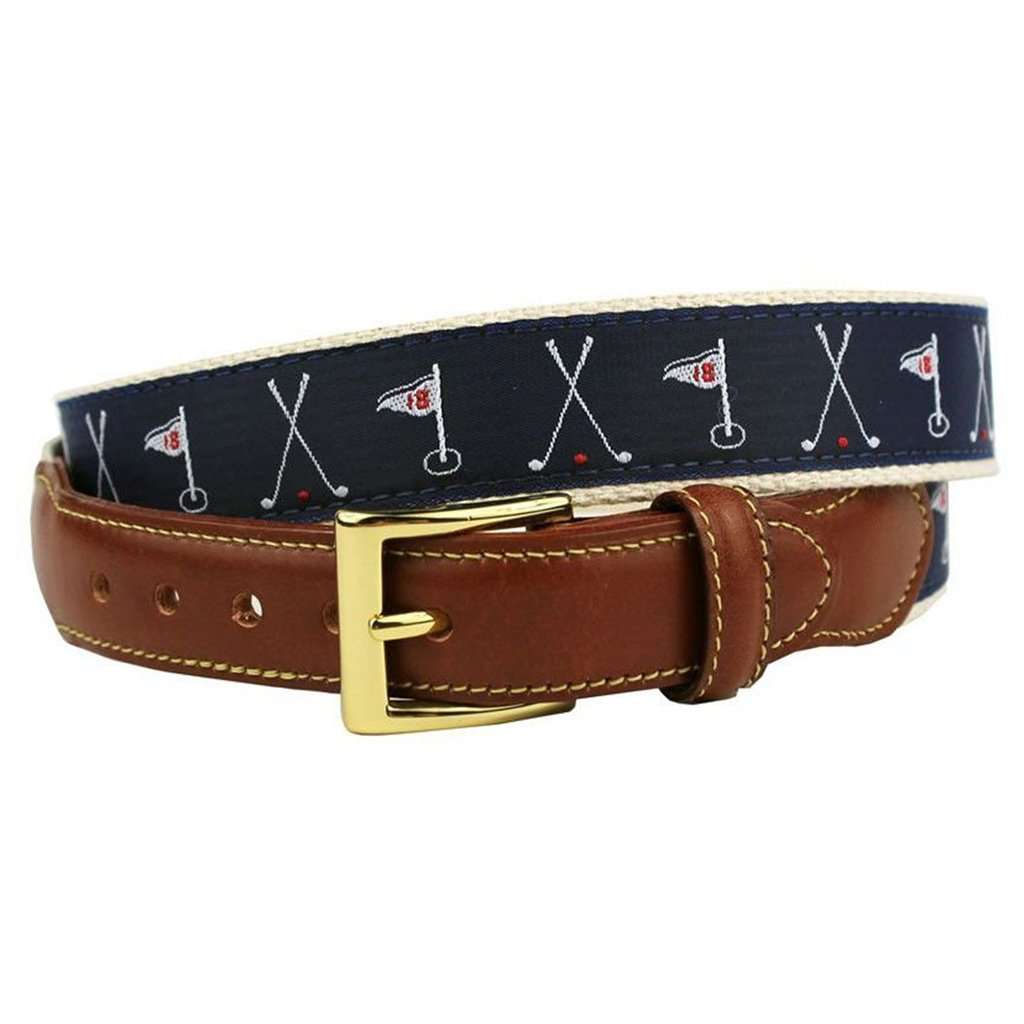 Judge Smails Golf Flags Leather Tab Belt in Navy by Country Club Prep - Country Club Prep