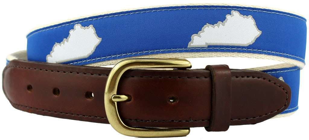 KY Lexington Gameday Leather Tab Belt in Blue Ribbon with White Canvas Backing by State Traditions - Country Club Prep