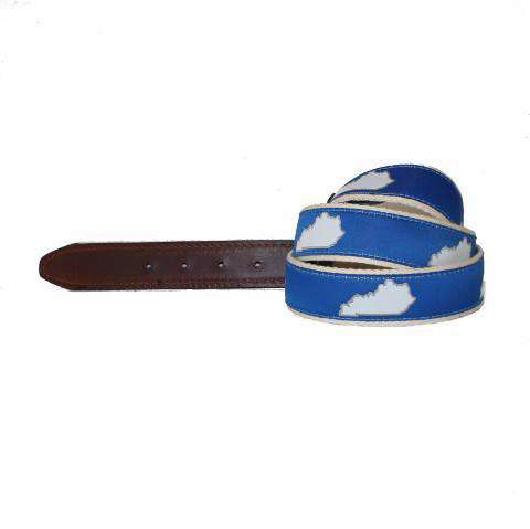 KY Lexington Gameday Leather Tab Belt in Blue Ribbon with White Canvas Backing by State Traditions - Country Club Prep
