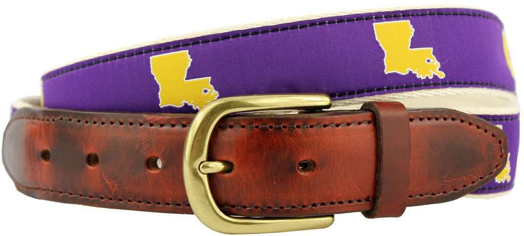 LA Baton Rouge Gameday Leather Tab Belt in Purple Ribbon w/ White Canvas Backing by State Traditions - Country Club Prep
