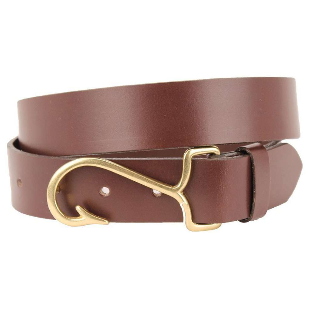 Leather Belt in Dark Brown with Brass Fish Hook Buckle by Country Club Prep