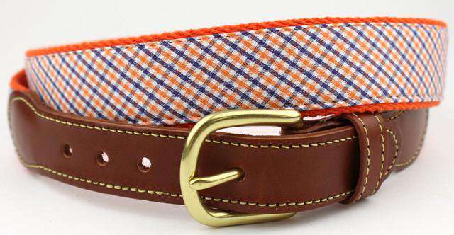 Leather Belt in Orange and Blue Tattersall Check by Just Madras - Country Club Prep