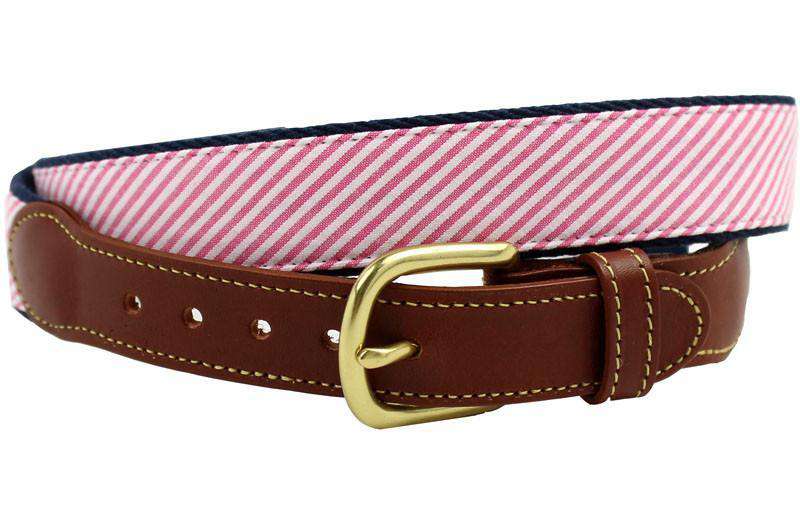 Leather Belt in Pink Seersucker by Just Madras - Country Club Prep