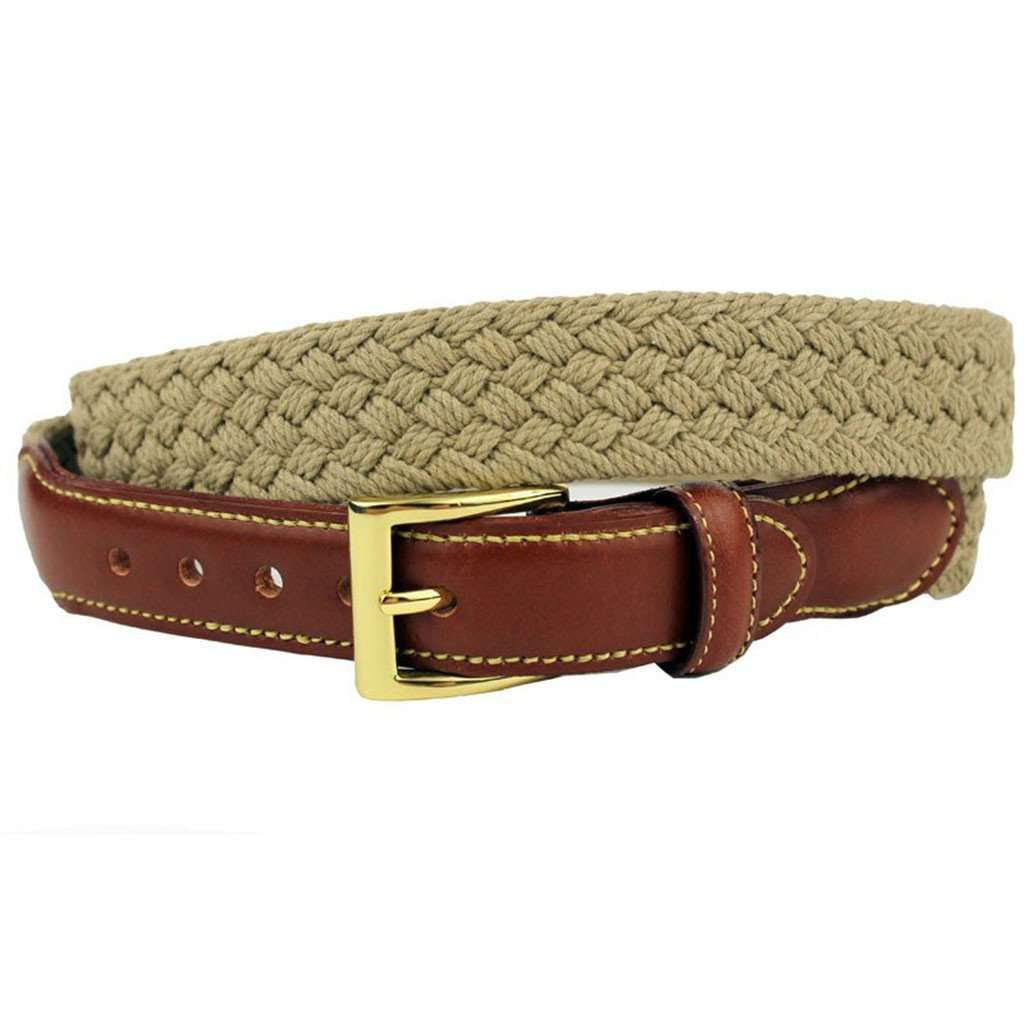 Loggins & Messina Woven Cotton Leather Tab Belt in Khaki by Country Club Prep - Country Club Prep
