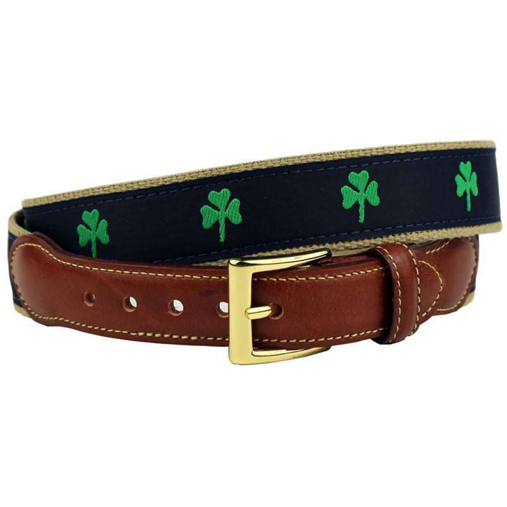 Luck of the Irish Shamrock Leather Tab Belt in Navy by Country Club Prep - Country Club Prep