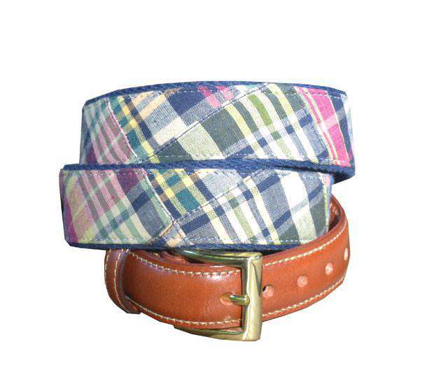 Madras Plaid Leather Belt in Montauk by Just Madras - Country Club Prep