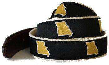 MO Columbia Leather Tab Belt in Black Ribbon with White Canvas Backing by State Traditions - Country Club Prep