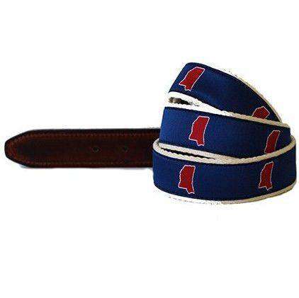 MS Oxford Leather Tab Belt in Blue Ribbon with White Canvas Backing by State Traditions - Country Club Prep